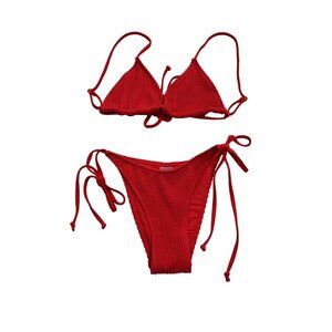 Koana Swim Daria Crinkle Triangle Top & Side Tie Bottoms in Cerise Crinkle